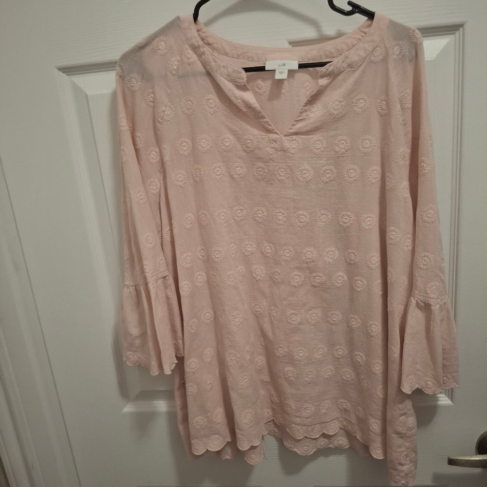 J Jill Pink Embroidered Bell Sleeve‎ V Neck Cotton Blend Tunic Top Size L
